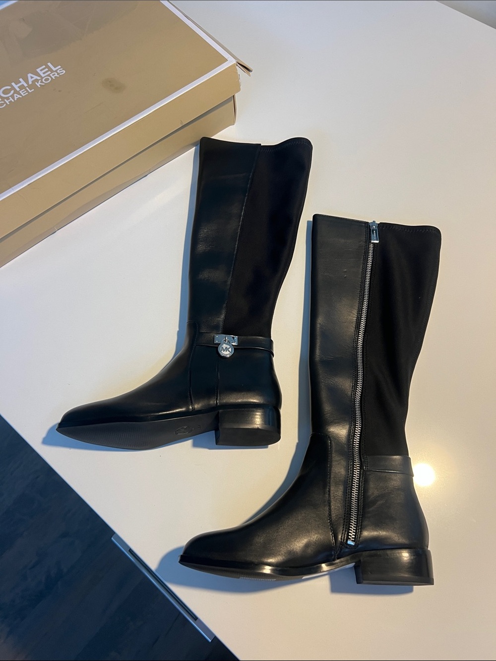 Michael by Michael Kors Hamilton black leather fabric tall long boots 5.5